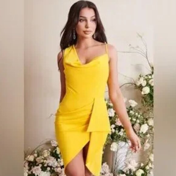 Lavish Alice Emma Cowl Neck Mini Wrap Formal Cocktail Dress in Yellow NWT Size 6 - Picture 1 of 13